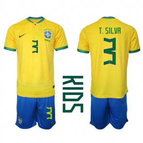 Brasilien Thiago Silva #3 Hemmaställ Barn VM 2022 Kortärmad (+ Korta byxor)